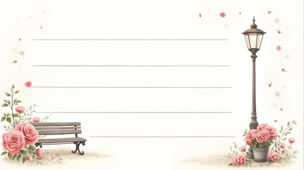 Fototapeta premium copy space romantic image, illustration of pink rose and lamppost with bench