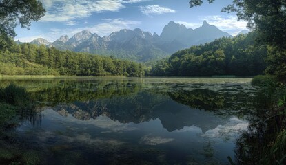 Obraz premium A tranquil lake with mountains and trees along the shore
