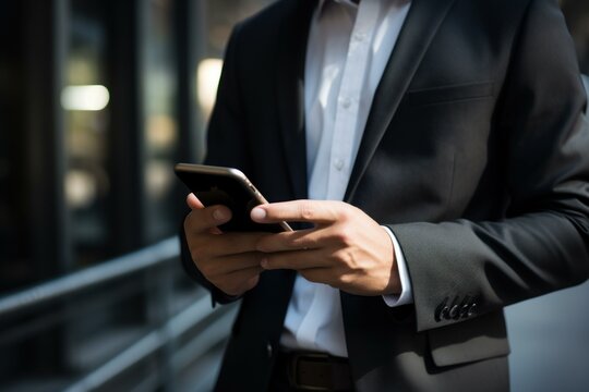 Businessman using smartphone, typing and browsing apps, staying connected in modern office environment
