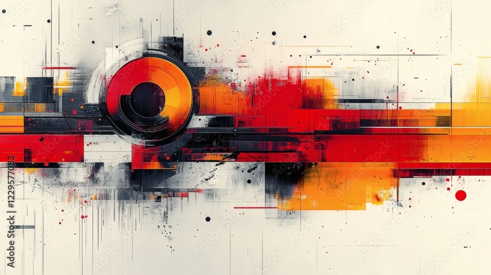 Poster abstract art design complex 3d shapes and a vivid color palette featuring dynamic patterns and a mod