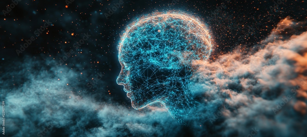 Poster luminous human head formed by network pattern, representing consciousness and cognitive processes