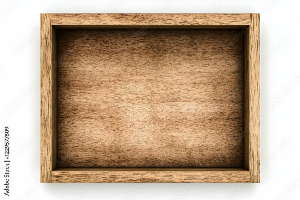 Poster empty wooden box presents a rustic display surface on a white background