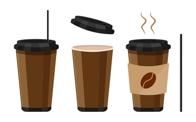Set of paper coffee cups with lid on white background. Vector illustration of coffee cups with tube, open and closed lid