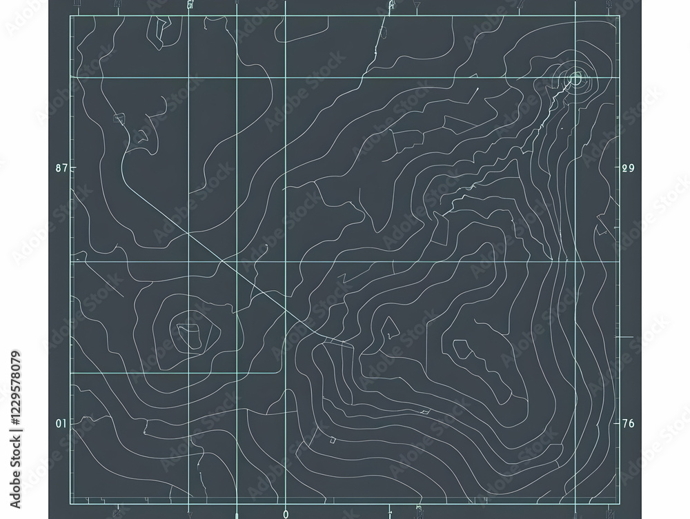 Poster topographic map displays elevation contours and grid system precisely on dark background