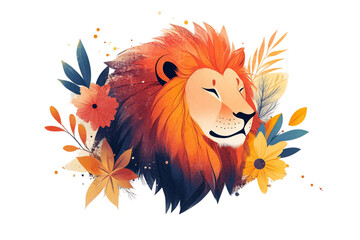 Serene Orange Lion Portrait with Autumnal Floral Surround