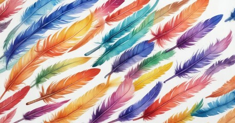 Fototapeta premium Rainbow colored feathers painted with watercolors on white background, illustration, boho style