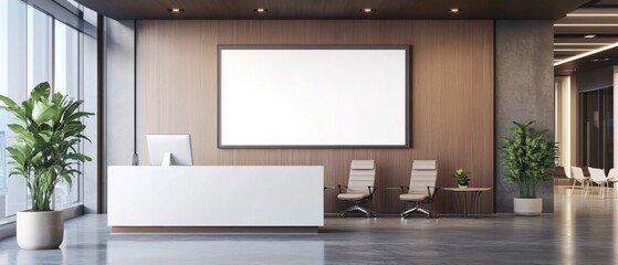 corporate branding identity logo display white blank frame mockup with modern business offices reception background as banner with copy space area mock up