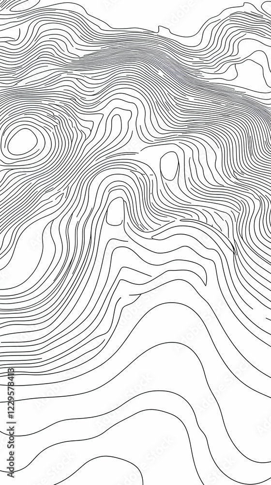 Poster abstract topographic contour lines form an intricate pattern on white background.
