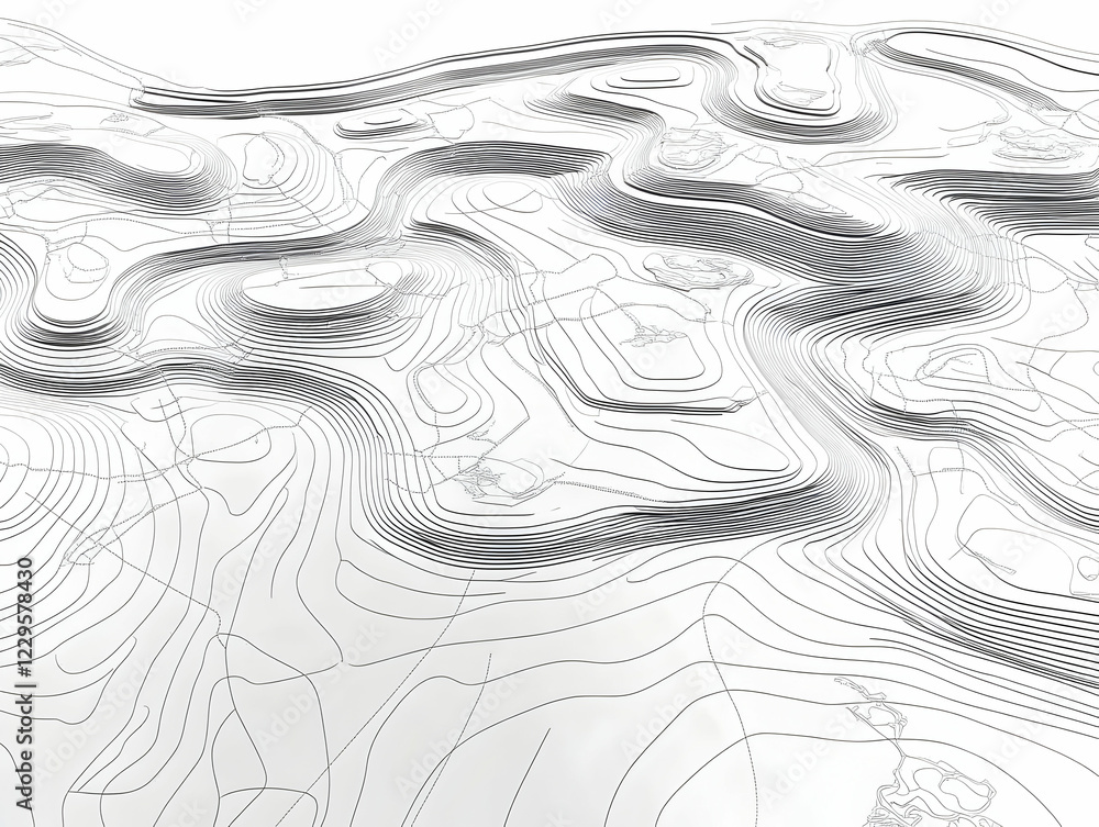 Poster 3d topographic contour lines create a detailed terrain map on white background