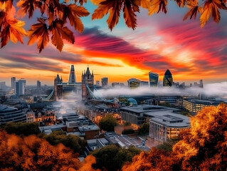 Obraz premium Cityscape at Sunset Framed by Autumn Leaves with Dramatic Sky and Fog, Aerial Perspective.