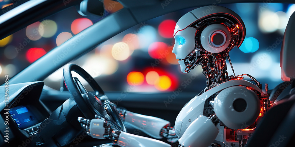 Poster a humanoid robot operates a car with illuminated bokeh lights in the background, representing autono