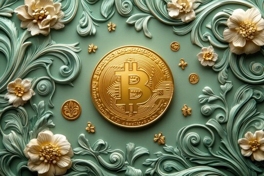 Golden bitcoin coin amidst ornate floral design