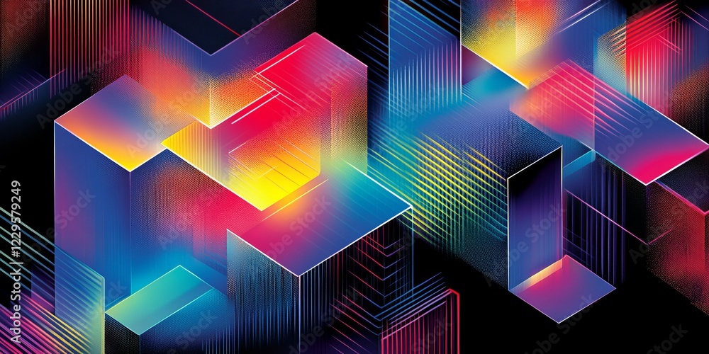 Poster vibrant abstract geometric background with colorful gradient shapes and lines on black