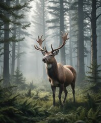 Fototapeta premium Reindeer in a forest of evergreen trees with misty atmosphere, atmospheric, wildlife, reindeer