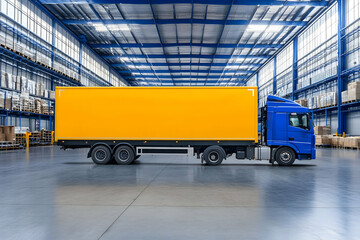 Naklejka premium Blue and Yellow Semi-Truck Parked Inside a Warehouse Ready for Loading or Unloading Cargo