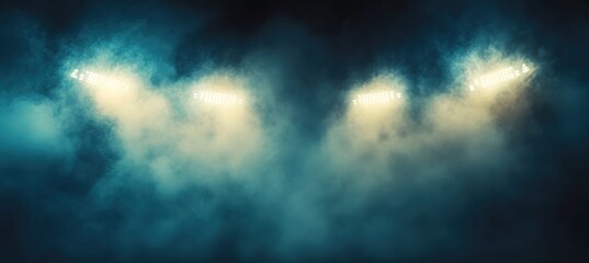 Bright spotlights illuminate a performance area shrouded in smoke