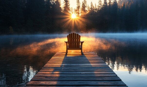 A wooden chair on a dock overlooks a serene lake at sunset