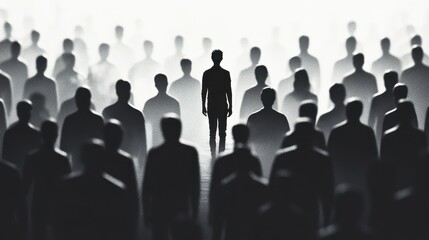 Colorful silhouette pf person standing in monochrome crowd of different people,surreal unique and different concept,loneliness in society,shadow,freedom,Love,be yourself,Stand out from the crowd.