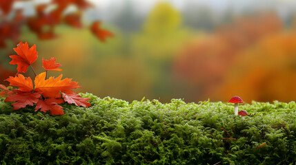 Autumn Leaves and Mushrooms Adorn a Mossy Bed in a Blurred Forest Setting Peacefully.
