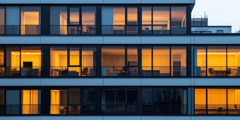 A high-rise office building at night with illuminated windows revealing glimpses of busy workplaces