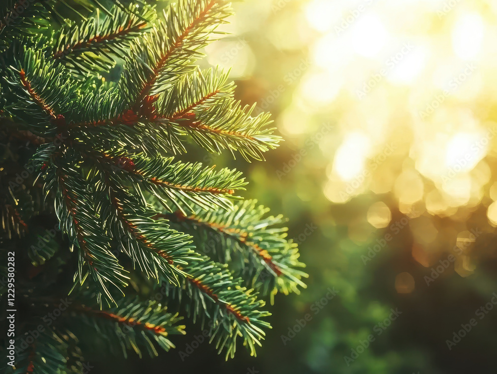 Aufkleber close-up view of vibrant evergreen pine branch illuminated by soft sunlight filtering through trees