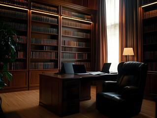 Classic Home Library Interior Shows Wooden Bookshelves, Desk, and Leather Chair near Window