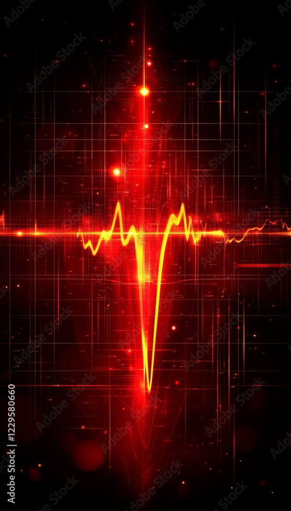 Poster vibrant red heart rate monitor display, vector art, sharp lines, bold waveform on grid background