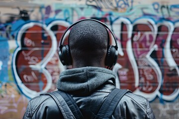 Young black man wearing headphones listening to music while standing in front of a graffiti wall