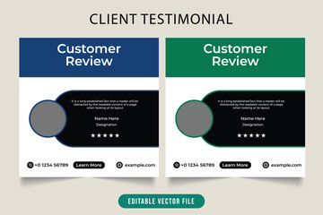 Naklejka premium Customer review template or testimonial layout with dark blue and black color. Modern and creative client feedback social media web post design. Service review testimonial for business promotion.