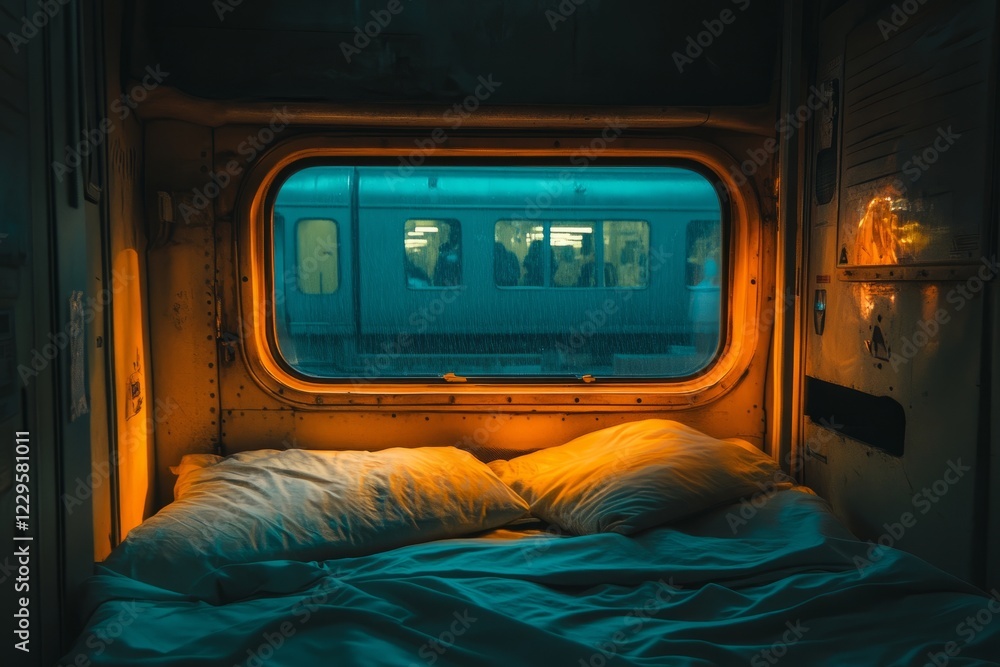 Poster a train with a window in the middle of the train. the window is open and the train is moving