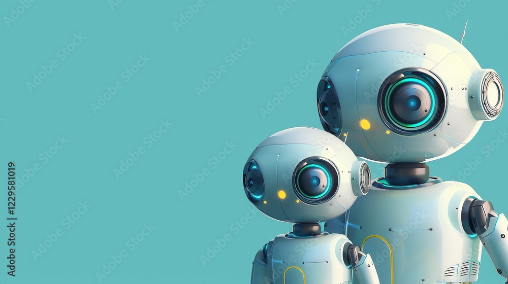 Poster a large robot stands with a smaller robot to its left, against a blue background.