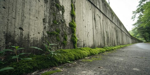 Rough textured concrete wall with dark green moss growth, rough surface, foliage, weathered