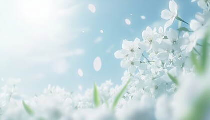 Spring Blossoms in Soft Sunlight Close-Up of White Flowers with Sky Background , Natural Beauty