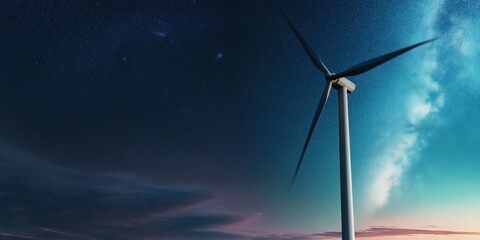 A majestic wind turbine stands tall against the breathtaking backdrop of a star-filled night sky