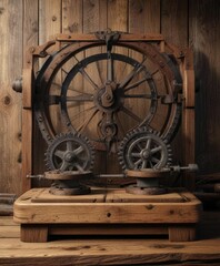 Obraz premium Rustic weighing scales with cogwheels in a wooden setting, wooden, balance, rustic, antique, country