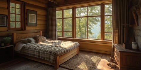 Fototapeta premium Warm sunlight illuminating a rustic log cabin bedroom, highlighting the wooden bed frame and plaid bedspread while offering a tranquil forest view through a large window
