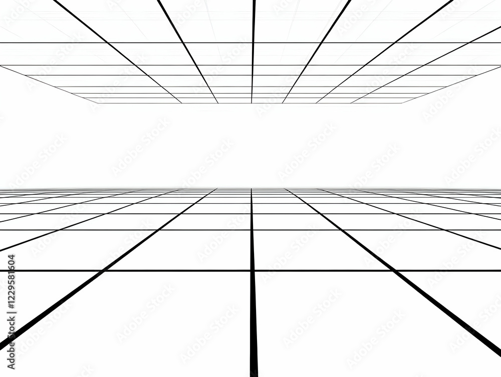 Poster abstract 3d grid creates perspective and depth on a clean white background with striking lines.
