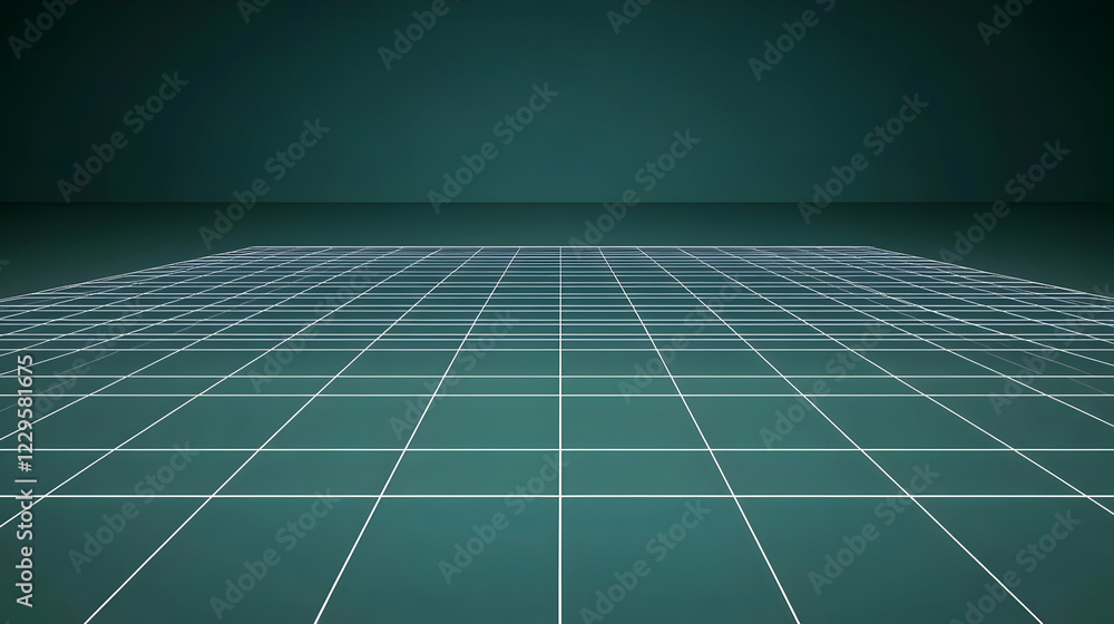 Poster abstract 3d grid floor extends into dark green background with perspective lines