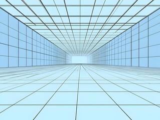 Obraz premium Abstract 3D Illustration of a Long Corridor with Grid Patterned Walls and Floor in Blue Tones