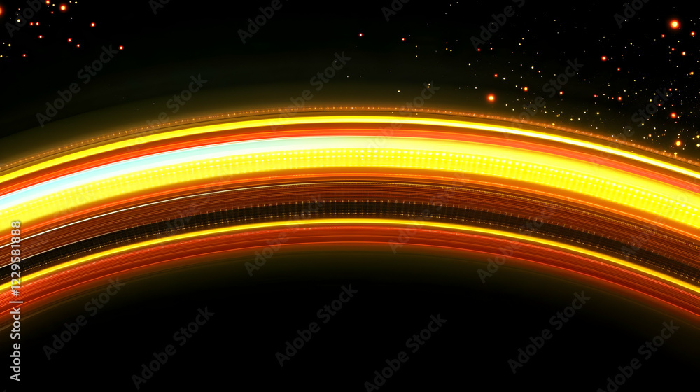 Poster abstract light trails curve across a dark background with sparkling particles.