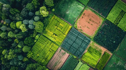 Fototapeta premium Aerial view of vibrant green agricultural fields and forest patches showcasing diverse crops and nature