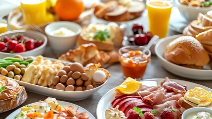 A table full of breakfast food, including fruit, bread, eggs, ham, and orange juice.