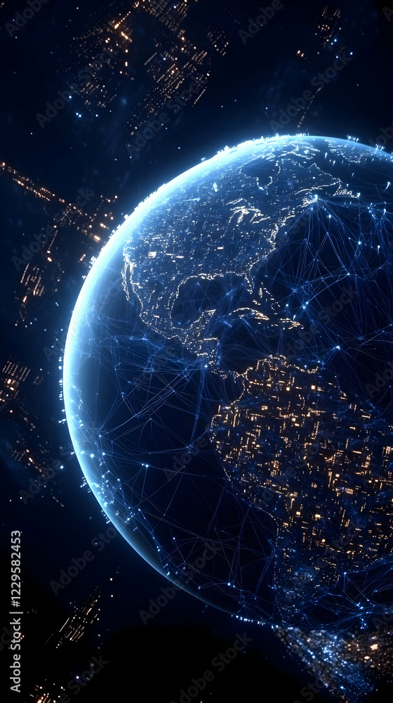 Poster planet earth rotating displays interconnected global network of lights and data beautifully