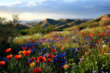 Fototapeta premium Vibrant Wildflowers Bloom in a Meadow with Rolling Hills and Sunset Sky