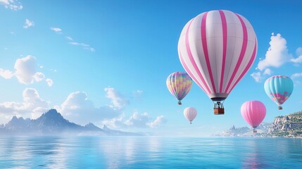 Pastel Hot Air Balloons Over Coastal Landscape