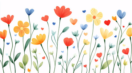 A vibrant illustration of wildflowers in red yellow and blue with tiny heart accents creating a cheerful and romantic design
