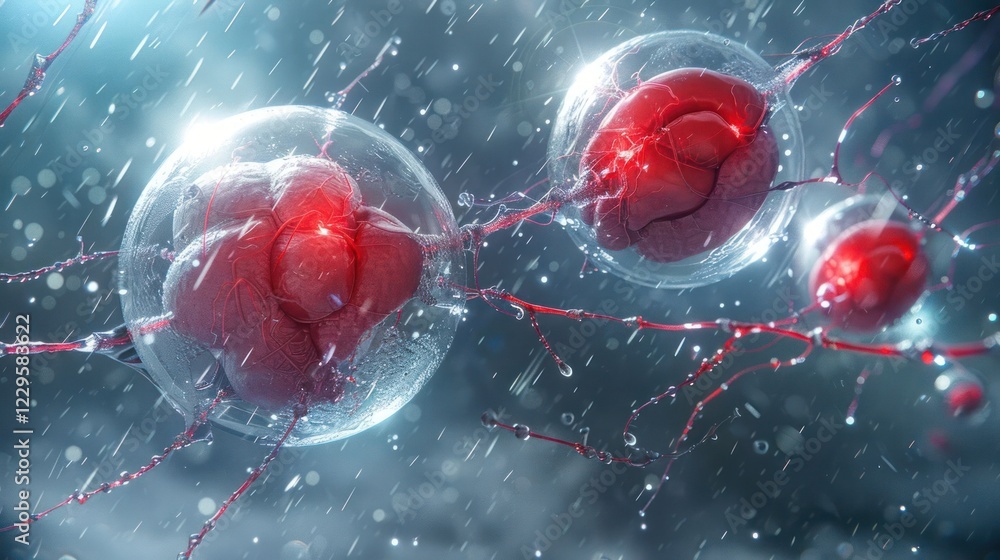 Poster abstract representation of cellular structures in a rain-soaked environment, showcasing intricate de