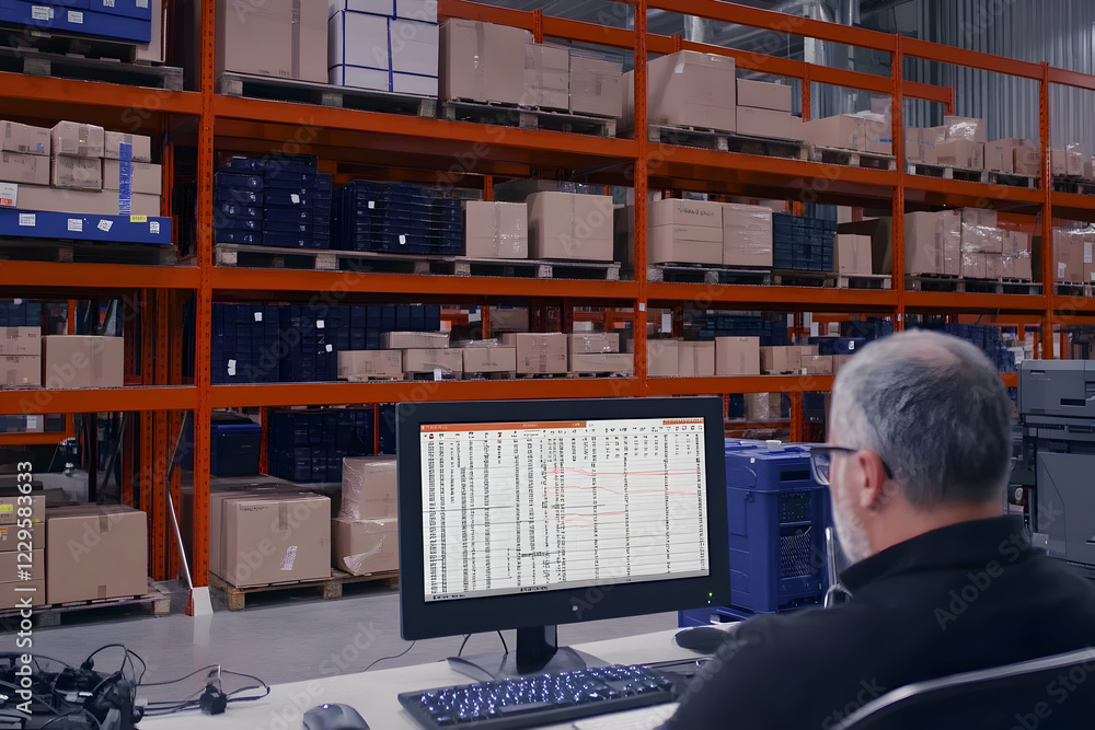 Poster warehouse worker monitors inventory data on computer in busy distribution center efficiently.