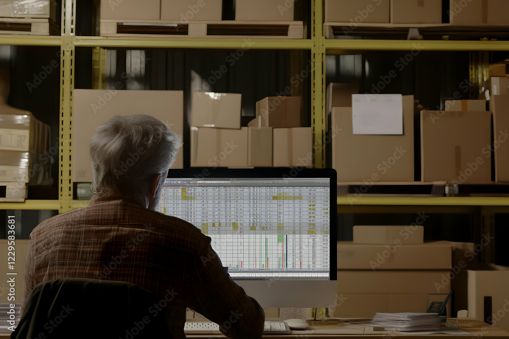 Poster warehouse worker analyzes inventory data on computer screen efficiently at night