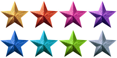 Colorful set of five-pointed glitter stars isolated on empty background
